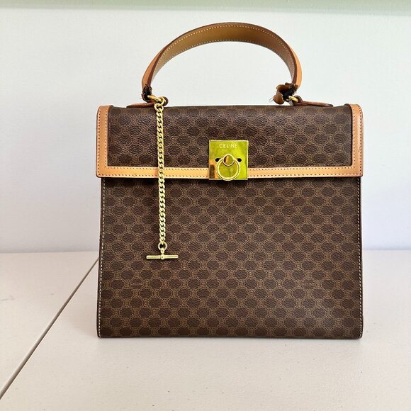 AUTHENTIC CELINE MACADAM SIGNATURE LOGO CANVAS LEATHER TRIM SATCHEL ITALY 1414 - Picture 1 of 15